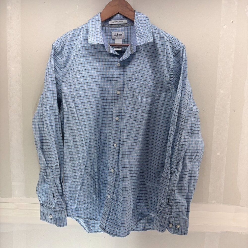 LL Bean Button Shirt Mens Large Tall Blue Plaid‎ Slightly Fitted M Coolmax EUC